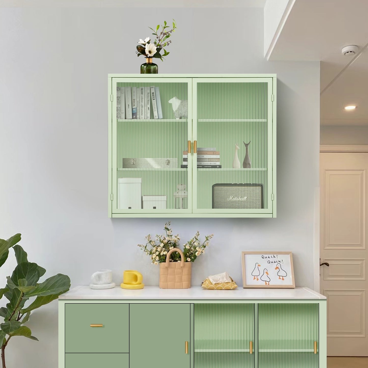 27.56 Glass Doors Modern Wall Cabinet 3-Tier Storage For Entryway