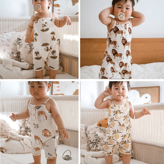 Collage of a baby wearing a sleeveless romper with animal prints in various settings.