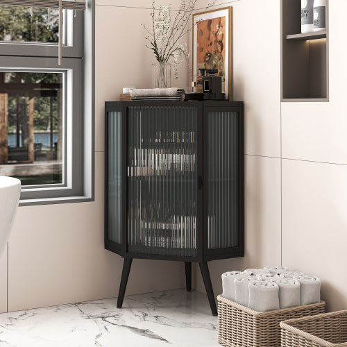 Floor Standing Cone-shaped Cabinet With Tempered Glass Doors And Storage Shelves