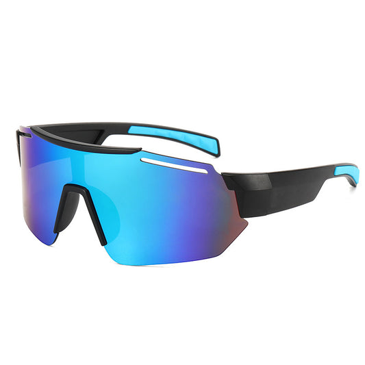 A pair of sporty sunglasses with a blue and multicolor frame and dark lenses suitable for outdoor activities.