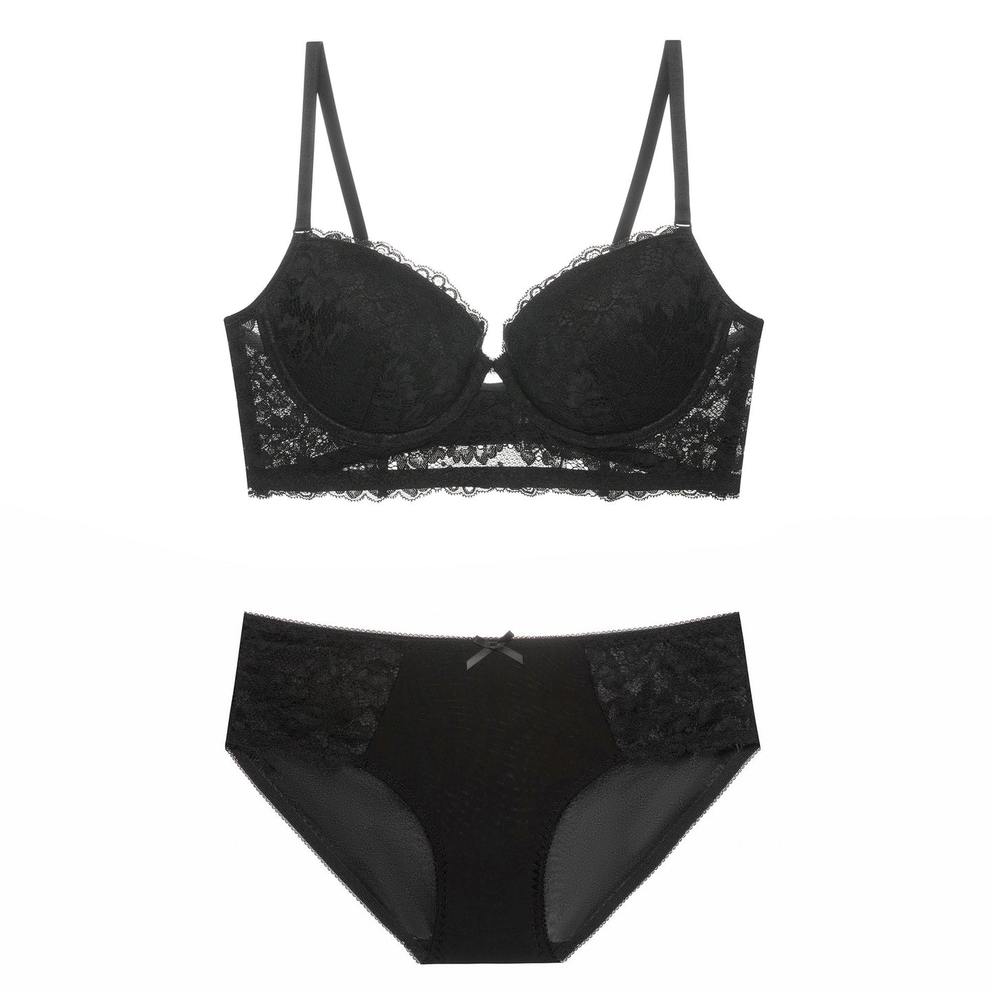 Black lace bra and panties set on a white background