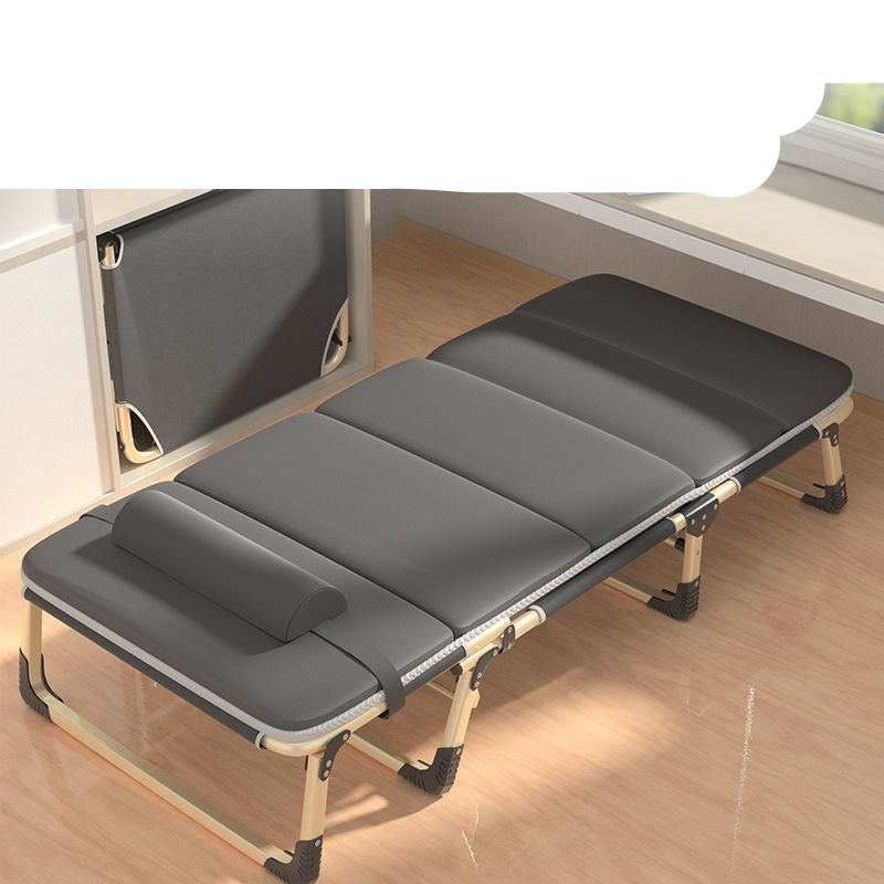 Foldable bed with gray mattress on a wooden floor, text about storage and ease of use.