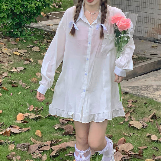 Japanese Soft Girl Wear Mid-length Shirt Ruffle Loose Loose Cardigan Sun Protection Shirt Jacket Female Summer Thin Section