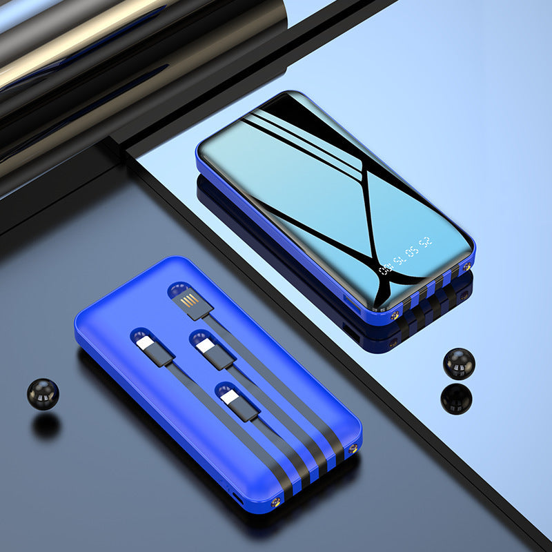 Blue phone case with reflective surface on a dark background