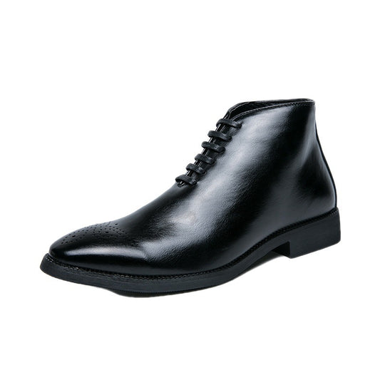 Black leather dress shoe on a white background
