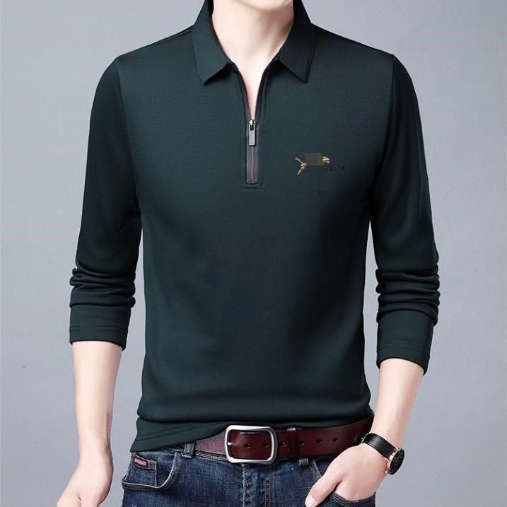 Spring And Autumn Men Long Sleeve Lapel Half Zip T Shirt