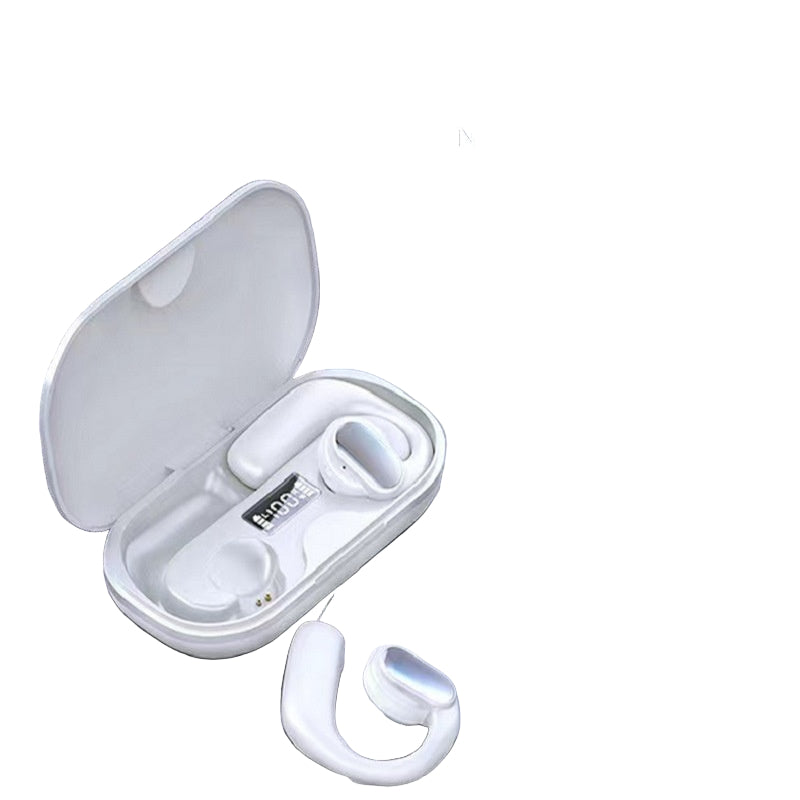 White wireless earbuds with charging case on a gray background with feature text.