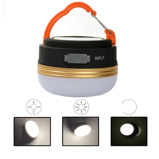 Portable camping lantern with orange handle and light modes displayed on a white background