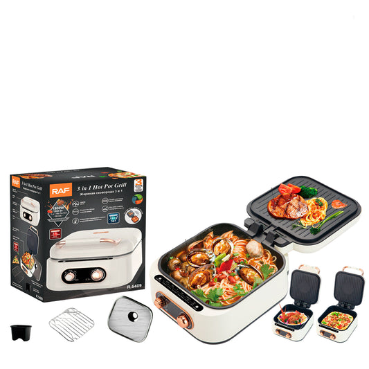 A white and rose gold multi-functional electric cooker with features highlighted such as 1800W power, deep frying, steaming, and roasting capabilities.