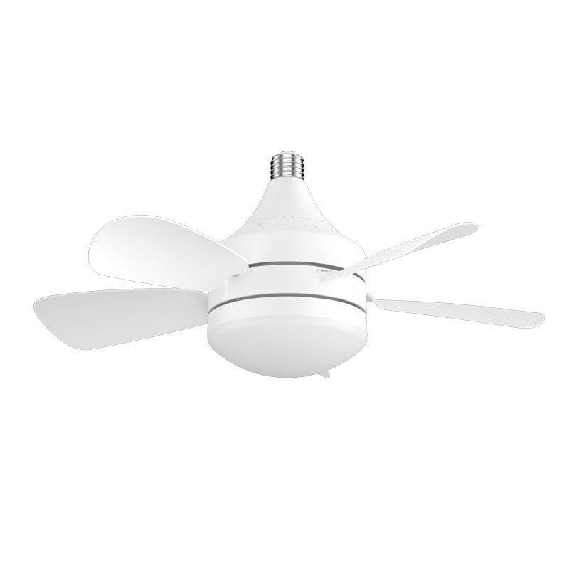 Ceiling fan with white blades and light fixture on a white background