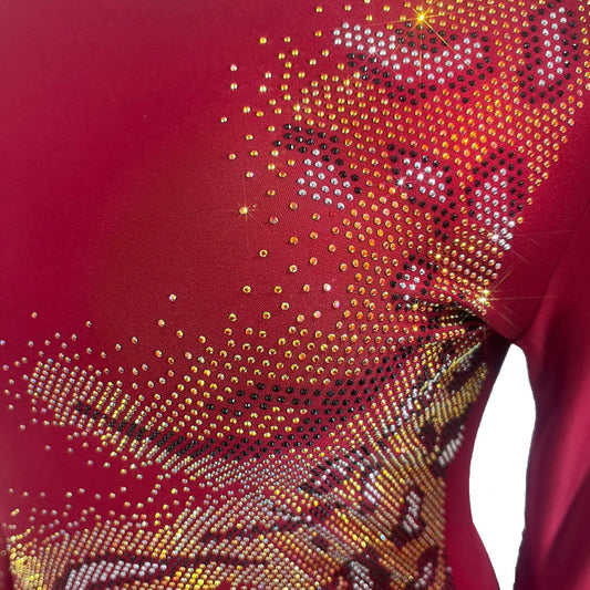 Close-up of a red garment with gold and silver rhinestone embellishments.