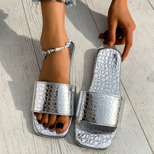 Fashion Crocodile-Textured Slides - Summer Square Toe Flat Sandals