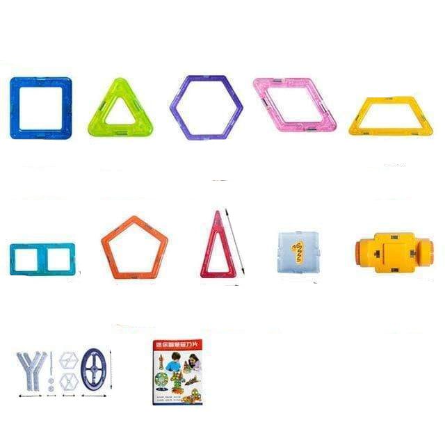 Set of colorful geometric frame building blocks with measurements and quantity details.