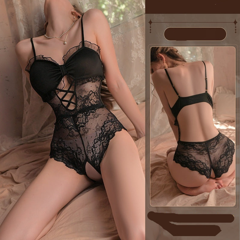 Black lace lingerie set on a model with a neutral background