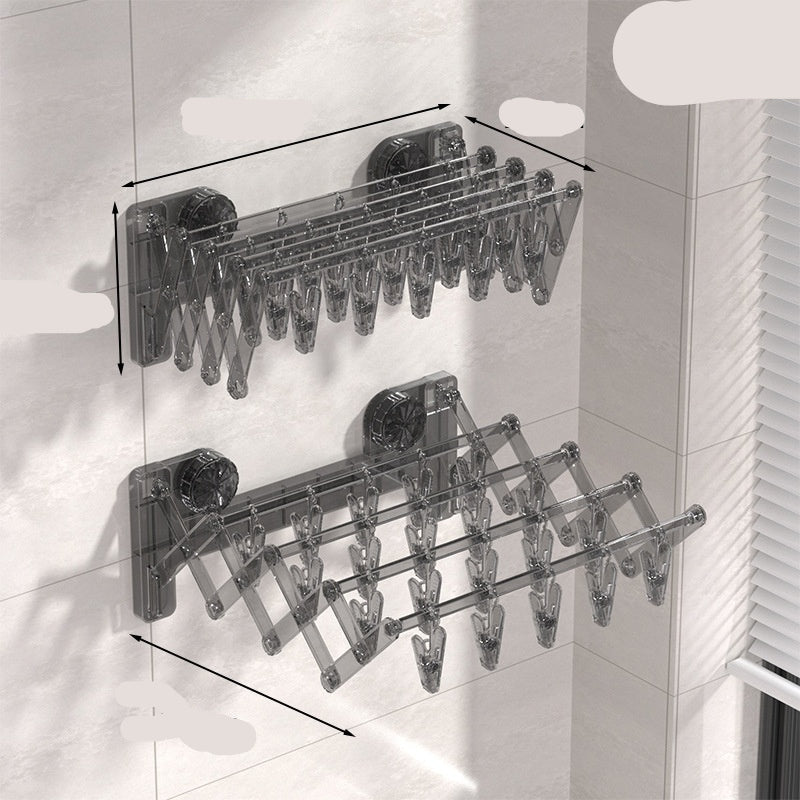 Transparent gray wall-mounted drying rack with dimensions on a tiled wall background