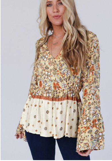Yellow Printed Floral Bell Sleeve V Neck Wrapped Contrast Peplum Blouse