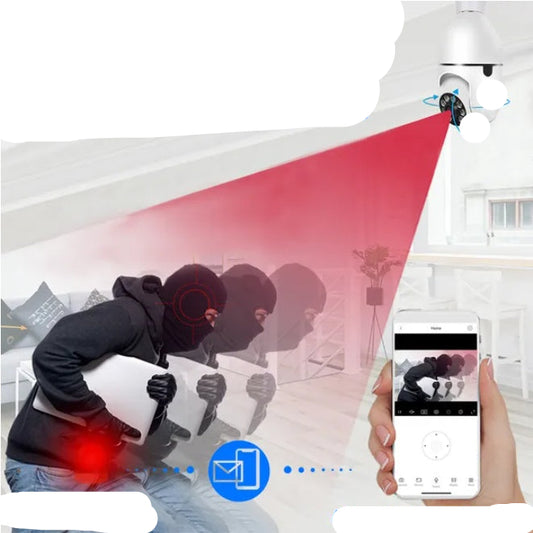 Security camera with motion detection feature, showing a person being monitored and an alarm notification on a phone.