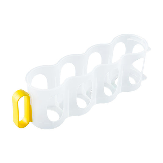 Clear plastic tool with a yellow handle on a white background