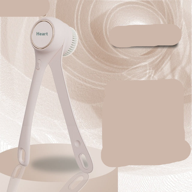 Multifunctional bath brush with five brush heads on a beige background