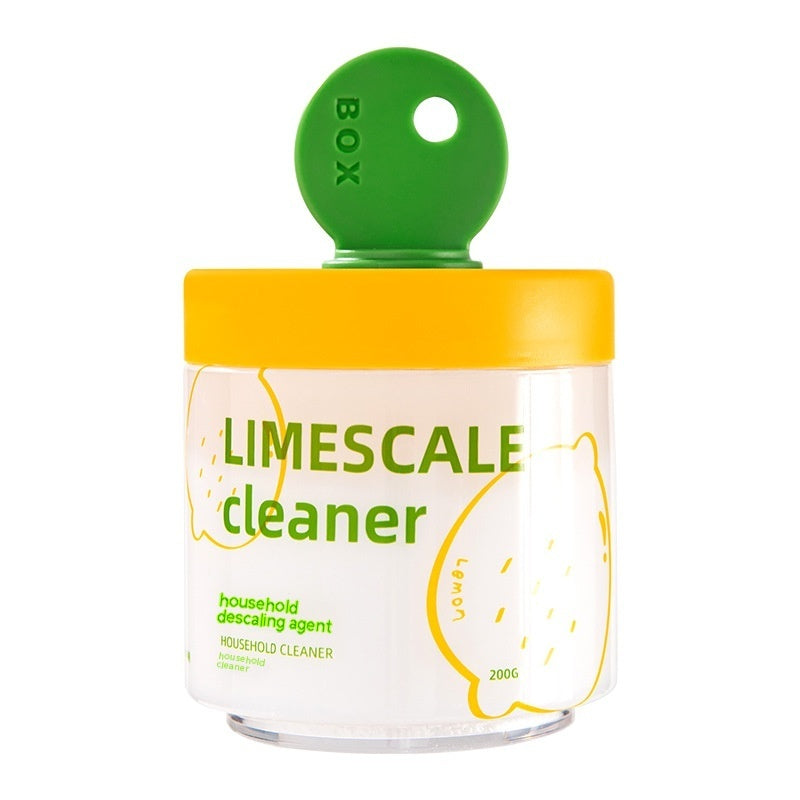 Limescale cleaner container with green lid and lemon design on a white background