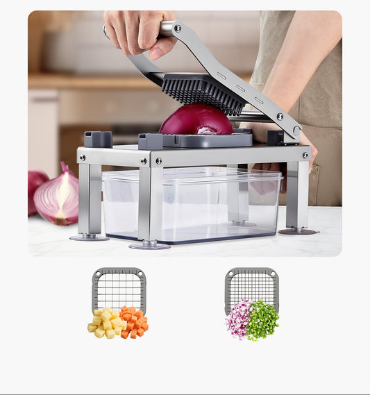 Vegetable dicer with a person using it to cut an onion, showing different blade specifications.
