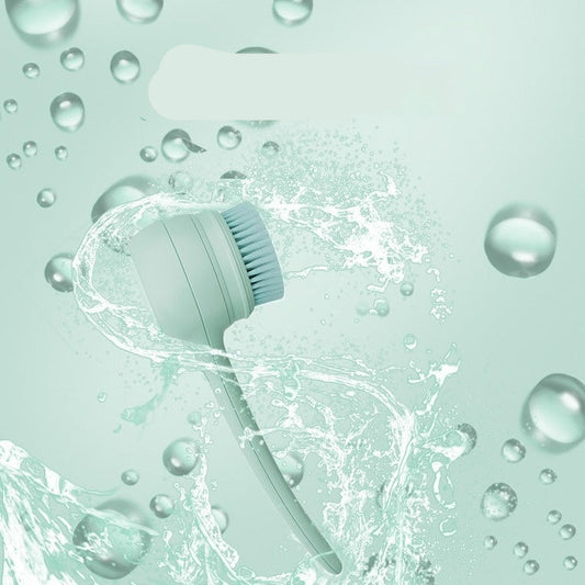Mint green cleaning brush with water droplets and text indicating IPX7 waterproof certification on a light green background.
