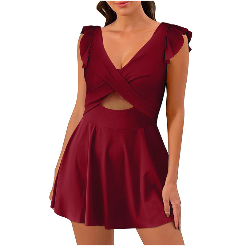 Red dress with ruffled shoulders on a white background