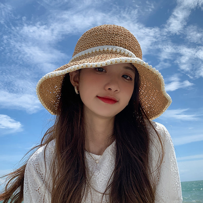 Women’s Braided Pearl Straw Sun Visor Hat