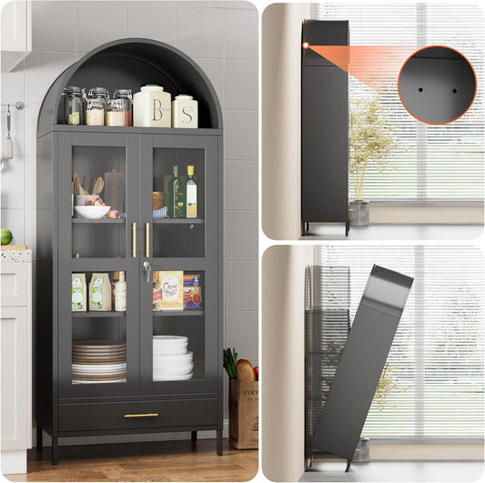 Metal Arched Display Cabinet With Lock, Modern Arch Kitchen Pantry Storage Cabinet With Glass Doors 1 Drawer For Living Room, Bookshelf, Assembly Required Black