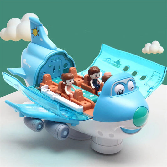 Toy airplane with animated face and passengers on a green background