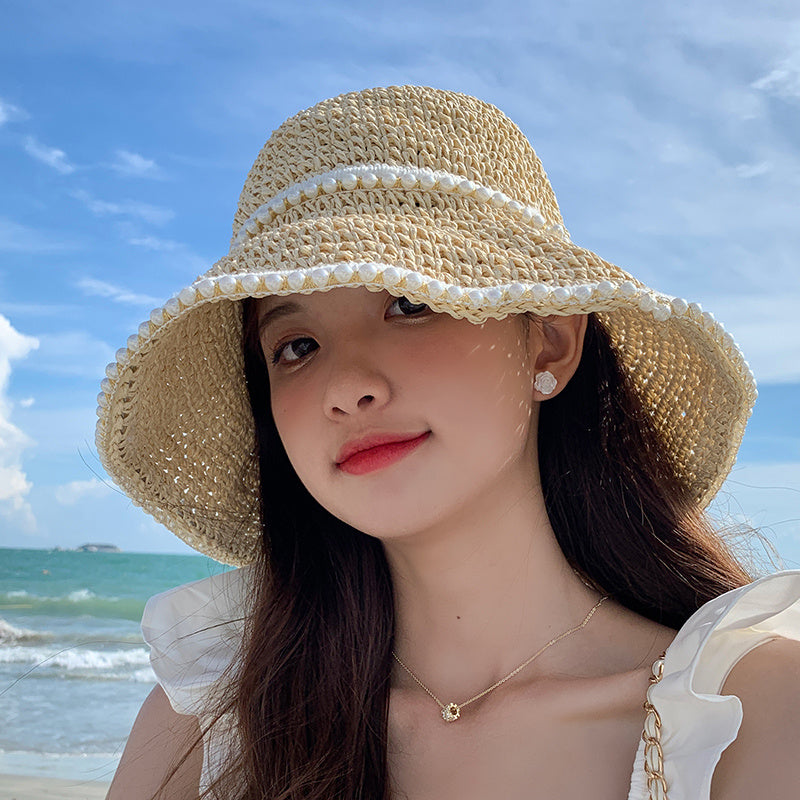 Women’s Braided Pearl Straw Sun Visor Hat