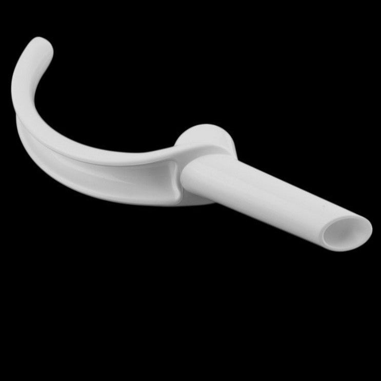 White plastic tool with curved handle on a black background