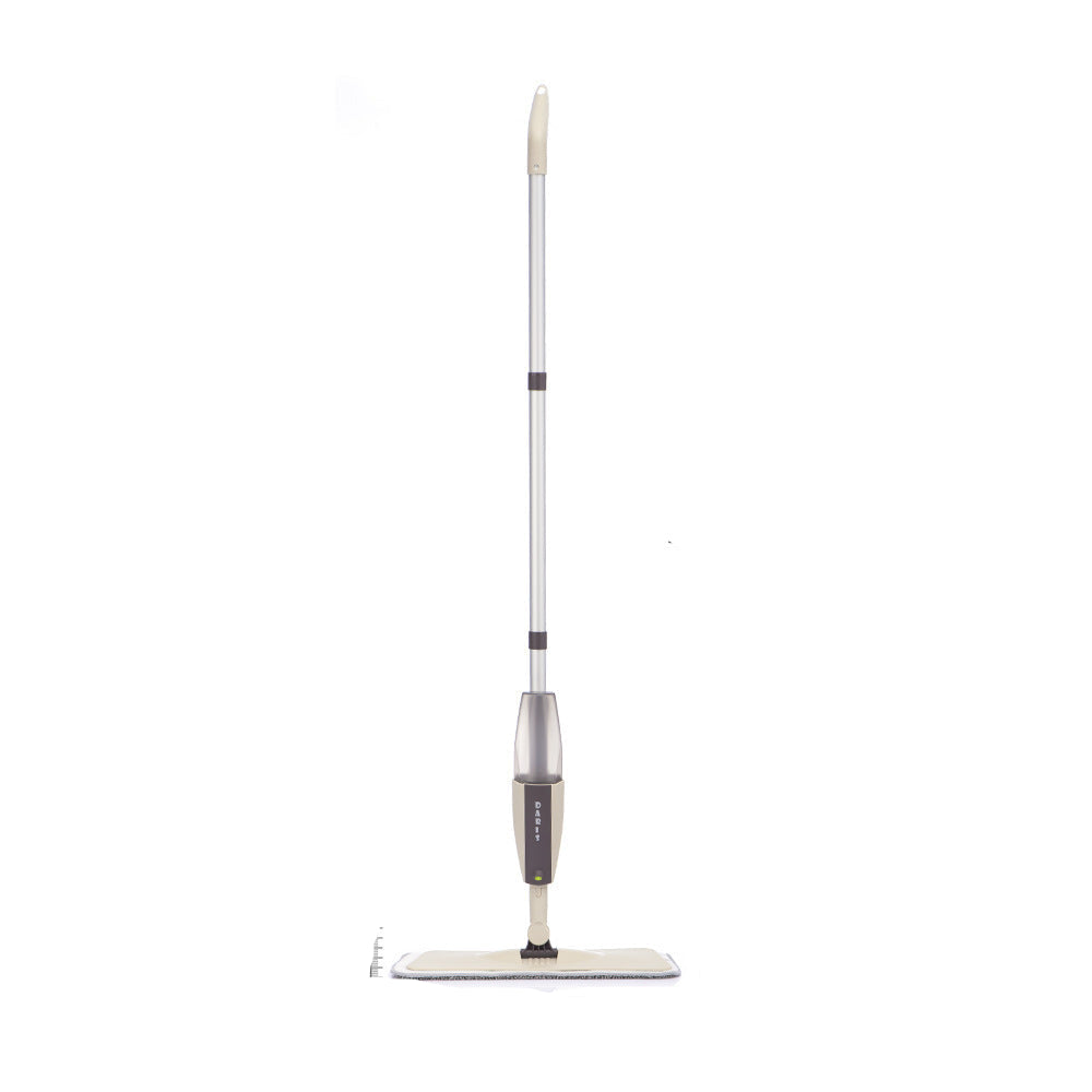 Person using a white flat mop with ergonomic handle and fine nozzle to spray water on the floor, with additional details about the mop features.