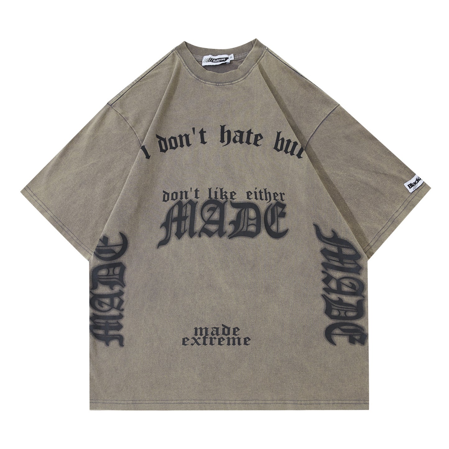 Beige t-shirt with black text and branding on a white background