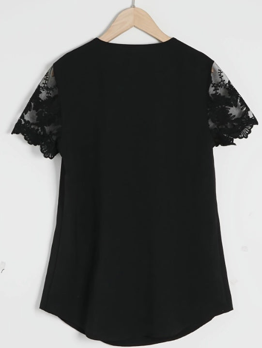Contrast Lace Tucked Blouse, Casual V Neck Short Sleeve Blouse