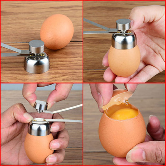 Collage of a person using an egg shell opener on an egg.
