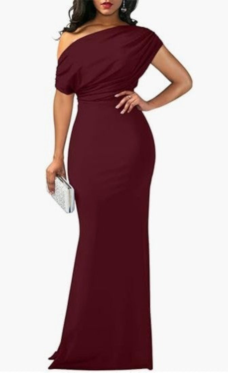 Burgundy one-shoulder evening gown on a white background
