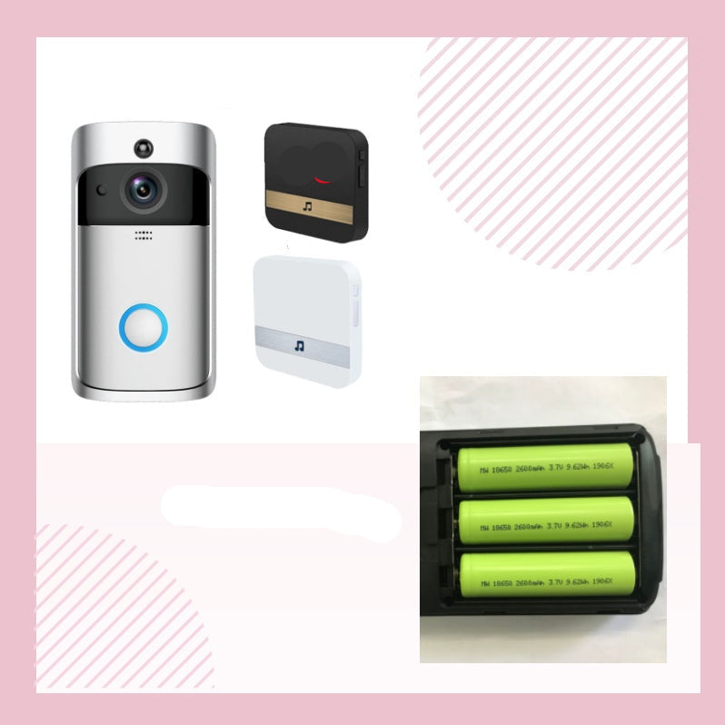 Smart doorbell with accessories on a pink and white patterned background