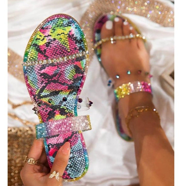 Rhinestone Rivets Flat-bottomed Colorful Sandals And Slippers Women