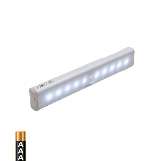LED strip light with dimensions and battery information on a white background