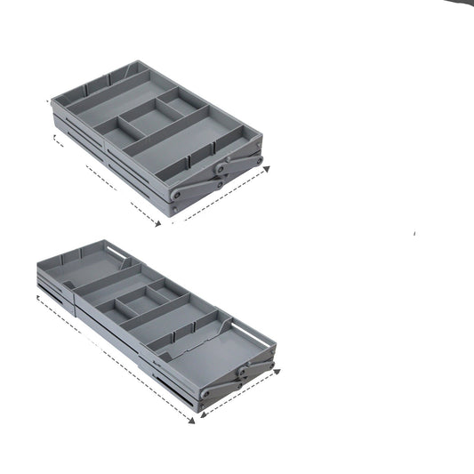 Product size chart showing a gray storage tray with dimensions before and after expansion.