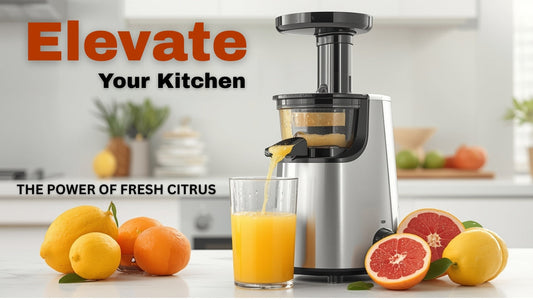 Electric Citrus Juicer surrounded by fresh oranges, lemons, and grapefruits with a glass of freshly squeezed juice.