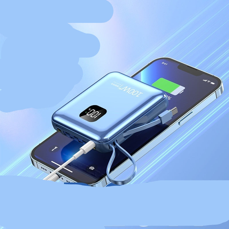 Power bank with smartphone on a blue background, featuring text about fast charging capabilities.