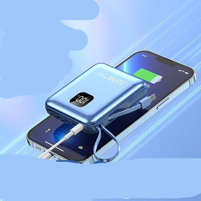 Power bank with smartphone on a blue background, featuring text about fast charging capabilities.
