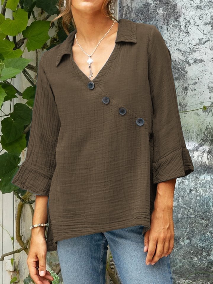 Women's Cotton And Linen Button V-neck Shirt Top
