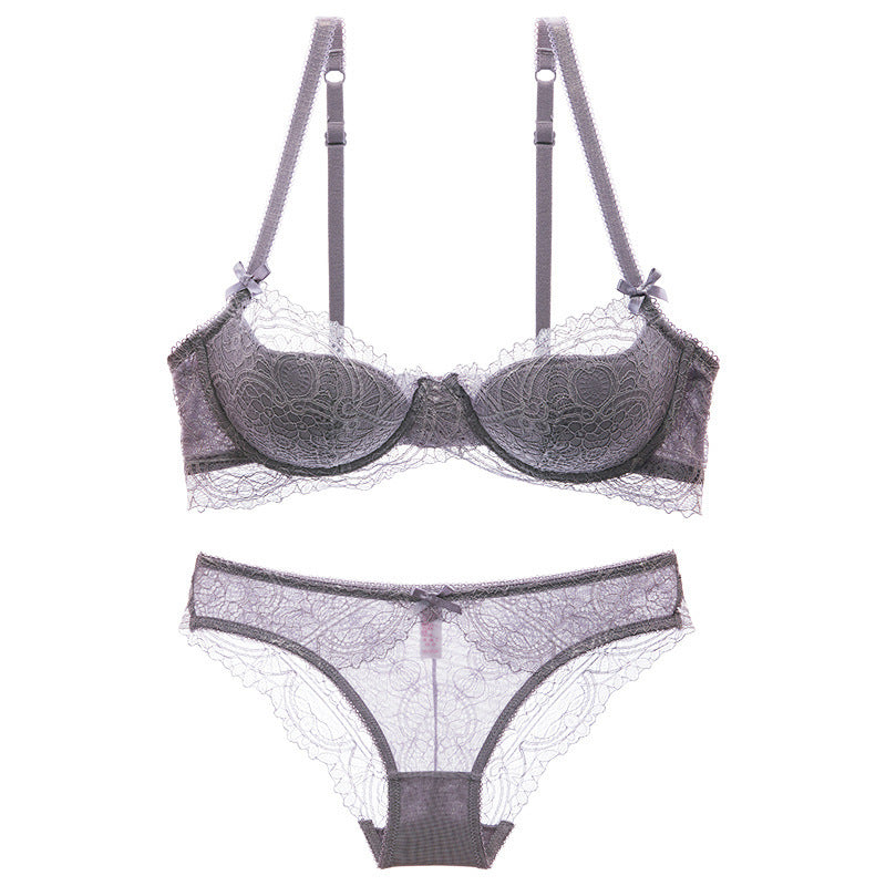 Gray lace lingerie set on a white background