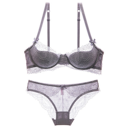 Gray lace lingerie set on a white background