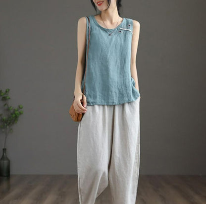 Cotton Linen Vest Female Artistic Embroidery Outer Wear Inner Wear