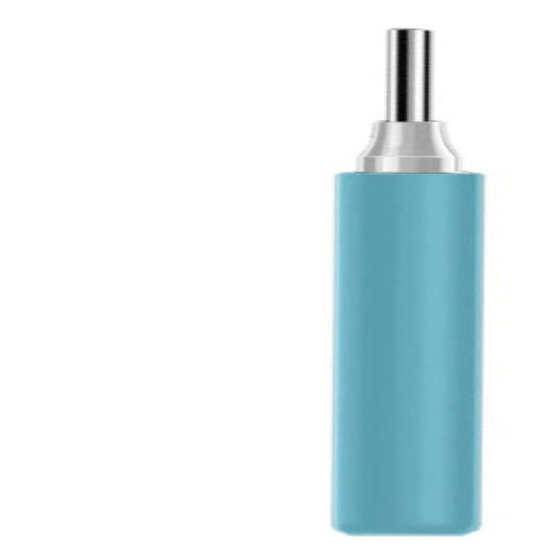 Blue handheld device with a metallic top on a white background