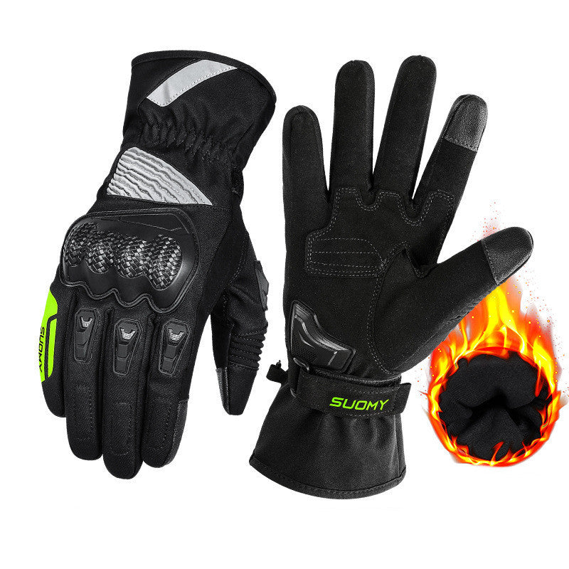 Black gloves with flame graphic and SUOMY branding on a white background